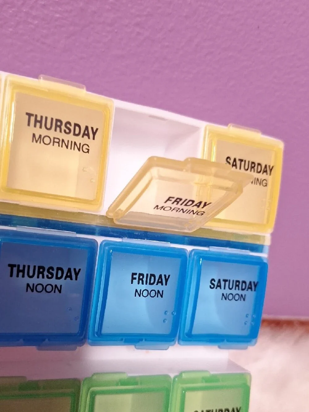 Weekly 28-Slot Pill Organizer - Yellow, Blue, Green, Purple